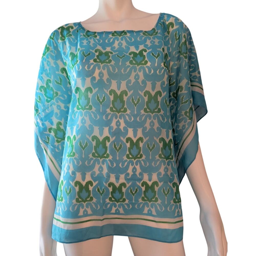Talbots Printed Woven Silk Cotton Poncho Ikat Turquoise Lime Geometric Sze M NEW